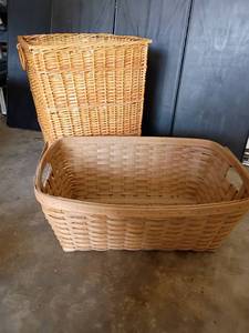 lot 3531 image: Wicker Hamper and Longaberger Basket.   Hamper 21 x 16 x 16.  Basket 9 x 24 x 17