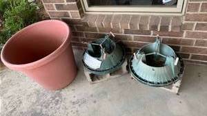 lot 4000 image: Plastic planter and tree stands attached to cinderblocks 20X23 and 15X15