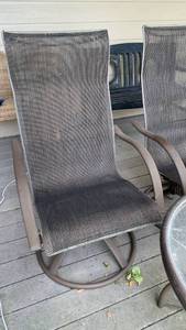 lot 4017 image: Outdoor Patio Dining Set with Glass Top Table and Sling Chairs that kind of  rock 44X24x18 and table 20X30