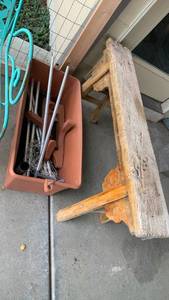 lot 4019 image: Garden earth box planter 10X28X18 and wooden bench 21X43X7