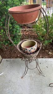 lot 4021 image: Three-Tier Metal Plant Stand with Pots and Wicker Basket 43X15
