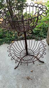 lot 4024 image: Wrought Iron Two-Tier Plant Stand with Decorative Scrollwork 26X17