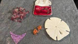 lot 1910 image: Jewelry and Accessories Lot with Sand Dollar, Necklace, Coral Earrings, Bead Strands and Silk Pouch