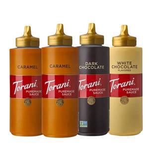 lot 6040 image: Torani Puremade Dessert & Drink Sauce Variety Pack, Dark Chocolate, White Chocolate & 2 Caramel, 16.5 fl oz (Set of 4) BB April 2026