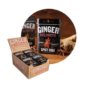 lot 6056 image: Big Sky Ginger Delights Hard Candy, Spicy Chai, 1.07 Ounce Tin - 12 Count Display Box BB MAY 2026