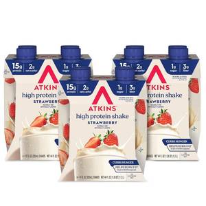 lot 6072 image: Atkins Strawberry Flavored Protein Shake, High Protein, Low Glycemic, Low Sugar and Low Carb, Keto Friendly, Gluten Free, 12 Count. BB May 14 2026