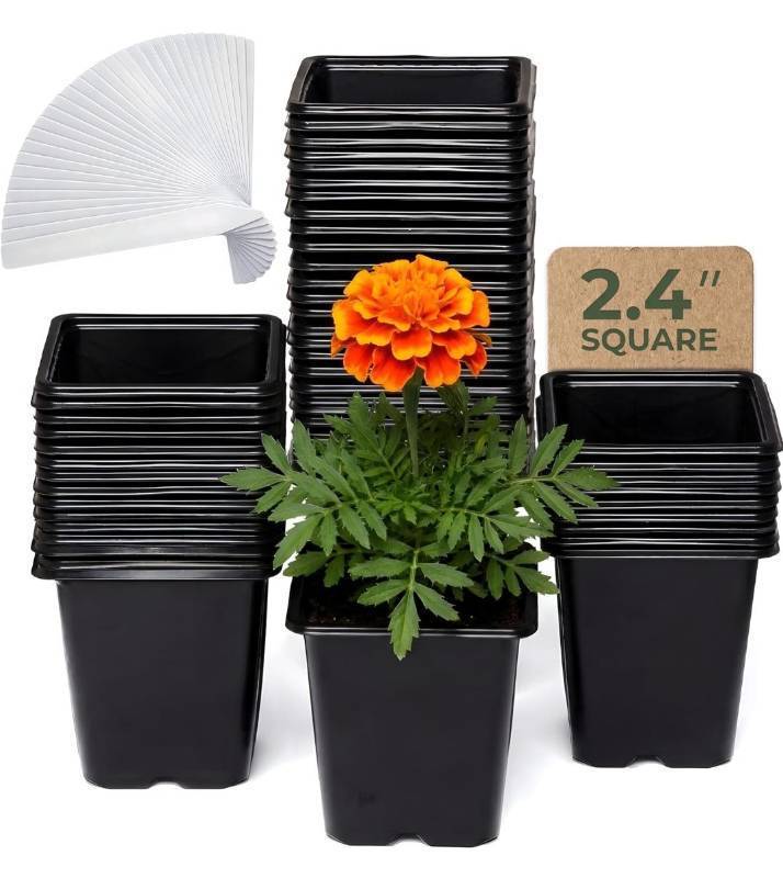 lot 1410 image: CARPATHEN 64Pack Square Nursery Pots - 2.4 Inch Plastic Seedling Pots with Drainage Holes - Reusable Seed Starter Pots for Plants, Succulent, Flowers, Vegetables - Plant Starter Pots and Sticker Label