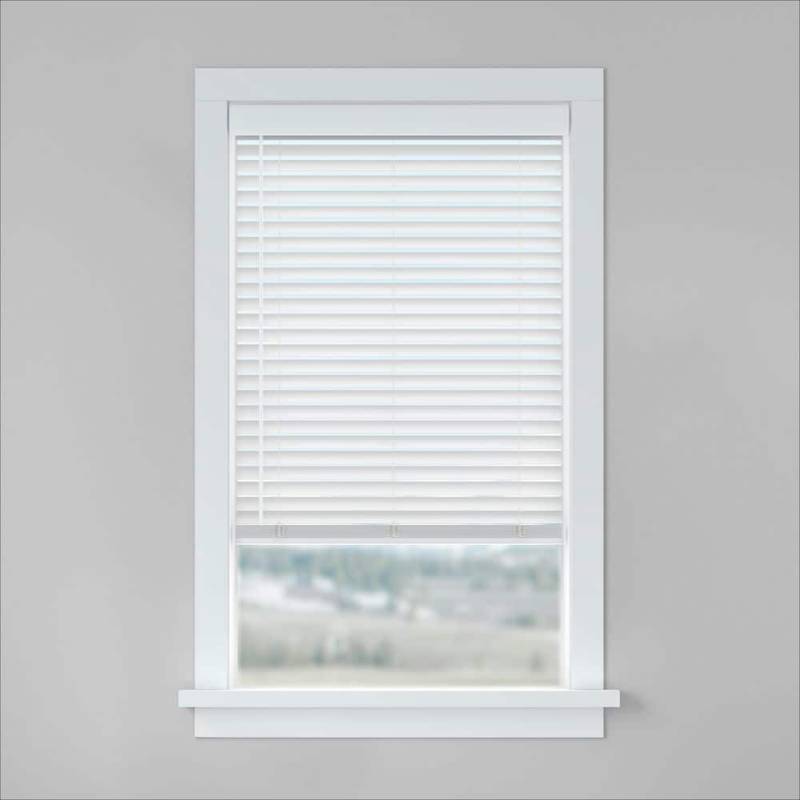 lot 5787 image: BASICS White Cordless Room Darkening Faux Wood Blinds with 2 in. Slats-27 in. W x 64 in. L