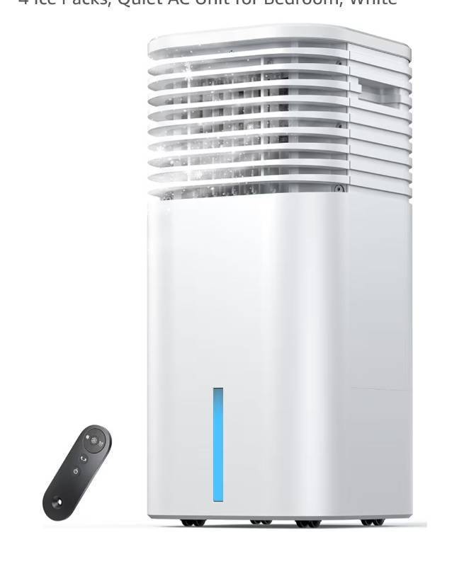 lot 5792 image: Windowless Portable Air Conditioner, 24.4 Small Evaporative Air Cooler for Room No Window, 3-Speed Settings, 4 Modes, 7H Timer, Remote Control, 4 Ice Packs, Quiet AC Unit for Bedroom, White