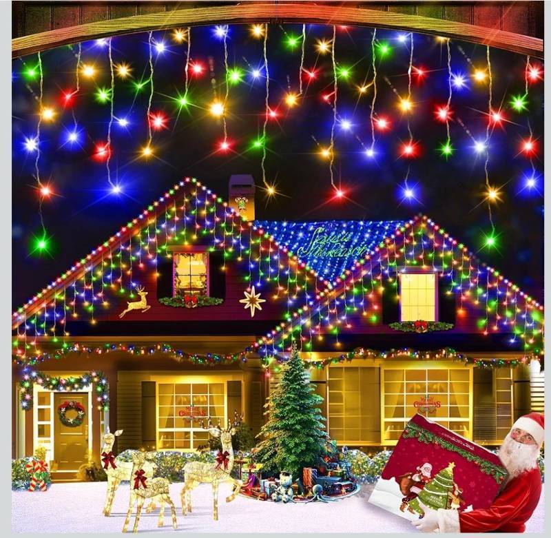 lot 8548 image: XURISEN 66ft Christmas Lights Decorations Outdoor, 640 LED 8 Modes Curtain Fairy Lights with 120 Drops,Plug in Waterproof Timer Memory Function for Christmas Holiday Wedding Party Decor(Multicolor)
