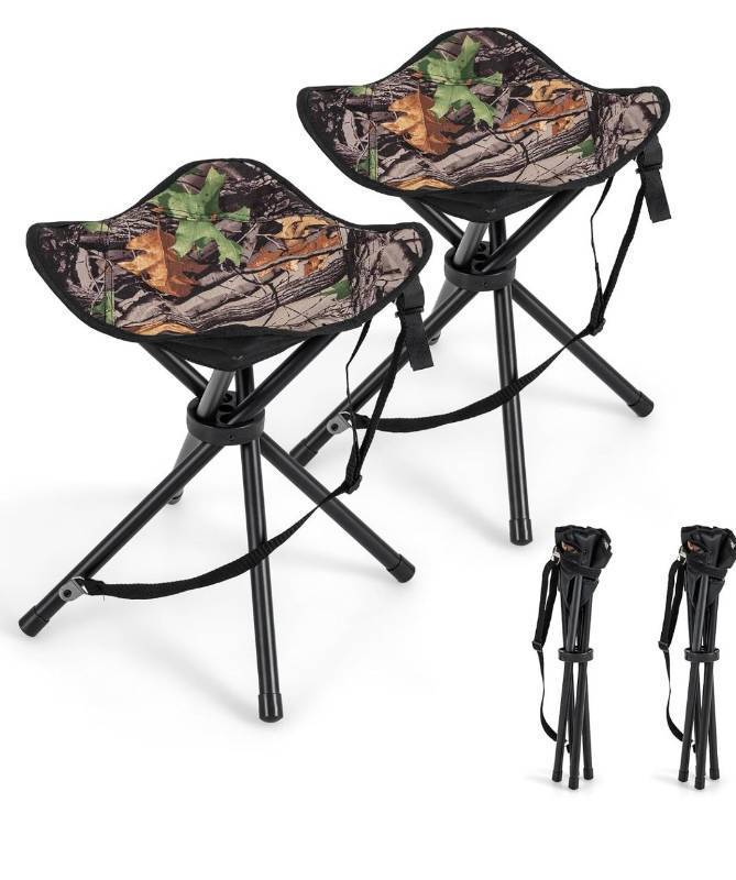 lot 8569 image: GYMAX 2 Pack Folding Stool, Portable Tripod Lightweight Hunting Stool with Shoulder Strap, Outdoor Hunting Chair Blind Chair for Fishing Camping, Hiking, Backpacking, Camouflage
