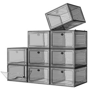 lot 5224 image: 7 code Large Clear Shoe Boxes Organizer Thicker Material Stronger Shoe Box with Magnetic Door, Stackable Shoe Storage Box for Closet, Foldable Space-Saving Storage Bins Shoe Cabinet, Black 9-Pack