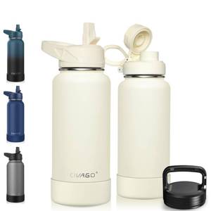 lot 5233 image: CIVAGO 32 oz Insulated Water Bottle With Straw, Stainless Steel Sports Water Flask Cup with 3 Lids (Straw, Portable Spout and Handle Lid), Double Walled Travel Thermal Canteen Mug, Cream
