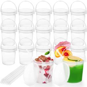 lot 5270 image: Yopay 15 Pack Plastic Rum Buckets for Drinks, 32OZ Cocktail Buckets Reusable Smoothie Bucket with Lid and Straw, 1Liter Large Ice Cream Pails for Halloween Football Parties Bar Beer