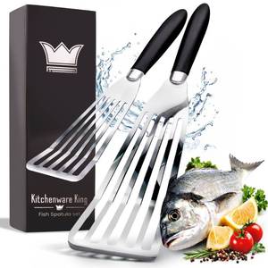 lot 5296 image: Professional Fish Spatula Stainless Steel Set - 1 Large  1 Small stainless steel spatula - mirror polished spatulas with heat resistant ergonomic handles - fish turner for Flipping, Frying & Grilling