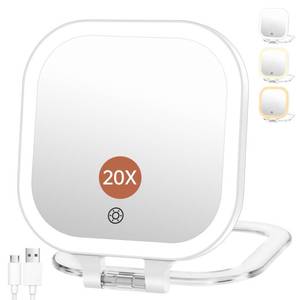 lot 5299 image: FASCINATE Compact Travel Makeup Mirror with Lights and Magnification, 3.5 inch Portable 1X30X Magnifying Mirror with 3 Color Light, Folding, Handheld (White)