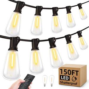 lot 5310 image: Outdoor String Led Patio Lights - 150Ft 45M Outside Waterproof Light With Remote Dimmable ST38 Shatterproof Bulb Connectable Hanging Outdoor Electric Lighting For Backyard Yard Gazebo Porch Party