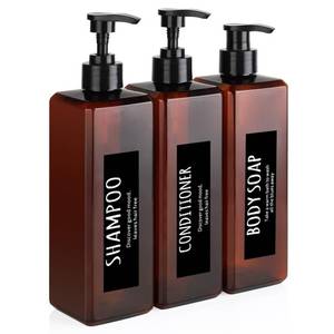 lot 5311 image: DEROANBOTTSet of 3 Shampoo and Conditioner Containers, Reusable Bathroom Body Wash Dispenser Set, Empty Plastic Shampoo Bottles Refillable with Pump for Shower Soap Black bottle (Tawny)
