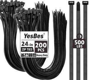lot 5338 image: 200 PCS Zip Ties 24 Inch Heavy Duty, Large Cable Ties 500lbs Tensile Strength, Black Zip Ties for Indoor and Outdoor Use, UV Resistant Wire Ties