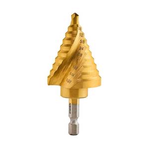 lot 5374 image: NEIKO 10174A Step Drill Bit, 10 Steps 14 to 1-38 Straight High Speed Steel, Titanium Nitride Coated, 14 Quick Change Step Bits for Steel, Metal, Wood, Plastic, Unibit Cone Drill Bits, Two Flute