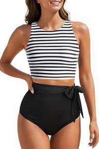 lot 5400 image: Aqua Eve Women High Waisted Bikini Set Racerback Swimsuit Two Piece Bathing Suit High Neck Swimwear Stripe and Black Medium
