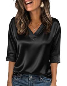 lot 5412 image: Bakoliza Tops for Women Trendy 34 Length Sleeve Summer Clothes V Neck Shirts Dressy Casual Blouses Womens Silk Tops Black L