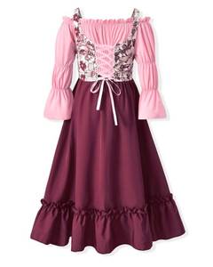 lot 5422 image: fioukiay Pink Renaissance Dress Kids 8 Years Little Girl Renaissance Vintage Medieval Retro Dress Size 9 Pink and Wine Red 8-9 Years