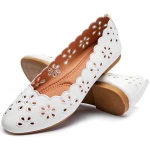 lot 5435 image: FRACORA Womens Ballet Flats Black PU Leather Dress Shoes Comfortable Round Toe Slip on Flats with Breathable Eyelets(White.US10)