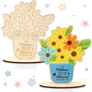 lot 5460 image: Spakon 30 Set Religious Mothers Day Flowers Crafts Wooden Flower Card Painting Coloring Craft DIY Flower Christian Wooden Sign for Sunday School Activities Mothers Day Church Gift Craft