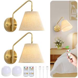 lot 5464 image: Novantl Gold Wireless Wall Sconces Set of Two, Swing Arm Battery Wall Sconce, Battery Operated Wall Sconce with Remote, Battery Sconces with Linen Lampshade, Rechargeable Wall Lights for Living Room