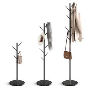 lot 5492 image: HzTinT Coat Rack with Natural Marble Base, Metal Freestanding Coat Rack with 8 Hooks, 3 Adjustable Size Sturdy Coat Tree for Bags, Coats, and Hats for Entryway, Hallway, Bedroom, Office, Black