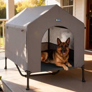lot 499 image: Veehoo 47 Dog House, 2-in-1 X-Large Dog House Outdoor Indoor Weatherproof, Outside Elevated Dog Cot Bed Dog Tent Shade, Three-Sided Breathable Mesh Windows and Sunshades, CWC2435CP