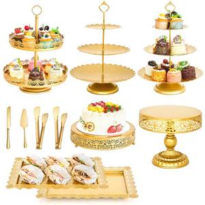 lot 5510 image: 11 Pcs Gold Cake Stand Set for Wedding, Dessert Table Display Set for Birthday, Metal Square Serving Trays for Candy, Cupcake Pop Stand Holder Tower with Round Base for Celebration, The Platters for Party
