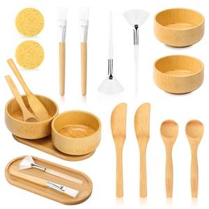 lot 5540 image: 14 Pcs Bamboo Esthetician Supplies 2 Face Mask Mixing Bowls 2 Fan Brushes Esthetician 2 Flat Facial Brushes 2 Mask Spatulas 2 Facial Cream Spoons 2 Skincare Trays 2 Round Compressed Facial Sponges
