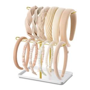 lot 5562 image: Josmimic Headband Holder Organizer, 2-Tier T-bar Storage Stand with Tray for Hair Accessories Hairband Hair Clip, for Girls Women, Gold & White