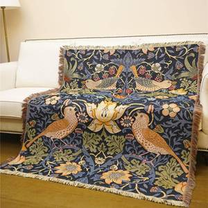 lot 5568 image: JQZ Bohemian Woven Jacquard Throw Blanket with Fringe, Heavyweight Woven Tapestry for Bed, Sofa, Garden, Outdoor Camping - William Morris Inspired Strawberry Thief Design