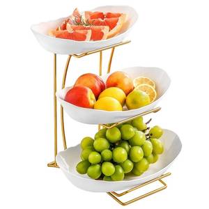 lot 5619 image: OMISTAR 3 Tier Fruit Bowl for Kitchen Counter, Gold Metal Stand Tiered Fruit Basket, ABS Serving Bowls, 11.2 in Lightweight Luxury Multi-Layer Snack Rack for Home Living Room