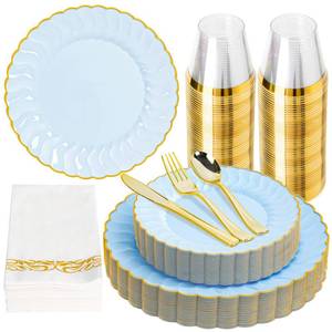 lot 5632 image: Lullaby 336PCS Elegant Disposable Dinnerware Set 96 Blue Scalloped Gold-Trim Plates (48 Dinner, 48 Dessert), 48Forks, 48 Spoons, 48 Knives, 48 Napkins &amp 48 Cups Fancy Plastic Plates for 48 Guests