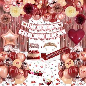 lot 5634 image: Burgundy Rose Gold Birthday Decorations with Happy Birthday Banner, Balloons, Sash, Crown, Butterfly, Hanging Swirls, Flower Tablecloth, Fringe Curtain, Pompoms for Women Girls Party Backdrop Supplies