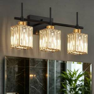 lot 5664 image: Torondo Modern Crystal 3-Light Vanity Lights for Bathroom Gold Bathroom Lights Over Mirror Black and Gold Vanity Lighting Fixtures Square Shade Brass Wall Sconce (Bulbs Not Include)