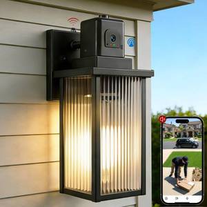 lot 5665 image: Porch Light with Security Camera, Dusk to Dawn Outdoor Lighting, AI Human Detection, Dual-Band WiFi, 2-Way Audio, Night Vision, Textured Glass, Weatherproof Metal for Front Door Garage