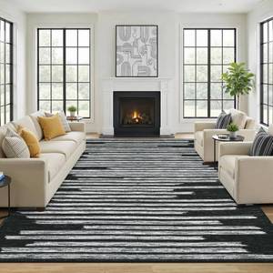 lot 5672 image: GarveeHome 8x10 Washable Rug with Modern Stripe Modern Non Slip Low Pile Black Rugs Perfect for Living Room Dining Room Home Office Bedroom Geometric Stain Resistant Indoor Carpet, Black