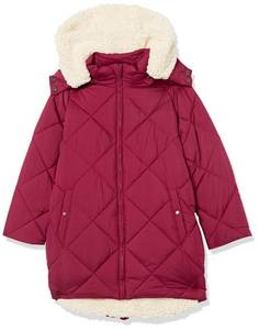 lot 5673 image: Amazon Essentials Girls Long Quilted Cocoon Puffer Coat, Ecru Raspberry Red Shearling, Small
