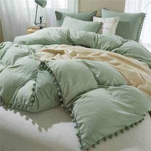 lot 5684 image: IHOUSTRIY Kids Duvet Cover Twin Size,100% Washed Microfiber 2pcs Bedding Duvet Cover Set, Pom Poms Fringe Solid Color Soft and Breathable with Zipper Closure & Corner Ties (Twin, Green)