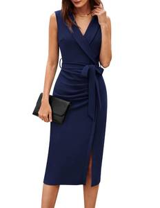 lot 5688 image: GRACE KARIN Womens Wear to Work Sleeveless Ruched Bodycon Office Pencil Midi Dresses with Belt Navy Blue 12