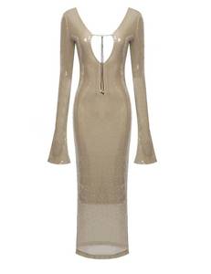 lot 5699 image: meilun Deep V Dress with Drawstring Long Sleeve Sequin Dress for Women Long Gown(As Shown,M)
