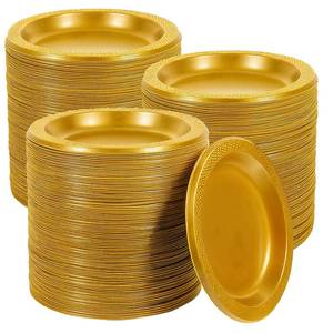 lot 5705 image: Xelsluthe 200 Pcs Gold Plastic Dessert Plates 6 Inch Round Disposable Small Cake Plate Heavy Duty Appetizer Plates for Wedding Birthday Party Dinner Picnic Travel and Events Supplies
