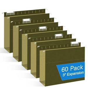 lot 5708 image: Extra Capacity Hanging File Folders, RAZCC 60 Pack Letter Size Reinforced Hanging Folders with Heavy Duty 3 Inch Expansion for Bulky Files, Filing Cabinet, Adjustable Tabs, Green