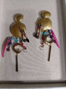 lot 5923 image: Gold Tone Statement Earrings with Colorful Beaded Dangles