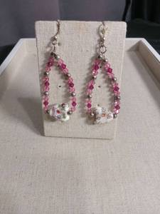 lot 5941 image: Pink Crystal Bead Drop Earrings with Floral Ceramic Charms
